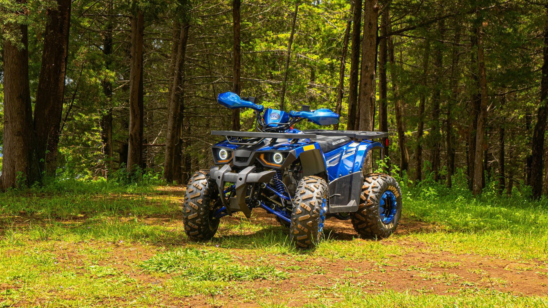 Blue ATV parked on grass in a wooded forest clearing