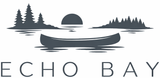 Echo Bay logo with canoe silhouette, pine trees, and sunset over water