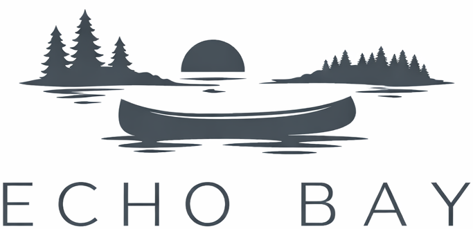Echo Bay logo with canoe silhouette, pine trees, and sunset over water