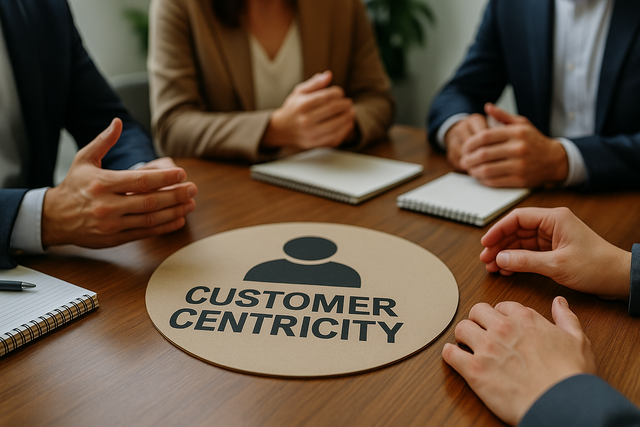 A group of people are sitting around a table with a sign that says customer centricity.