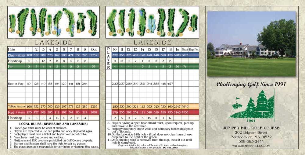 A scorecard for a golf course with a picture of a house in the background