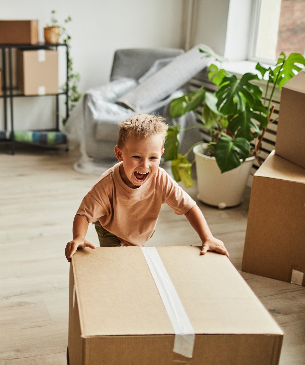 a small boy moving packed boxes with excitement
