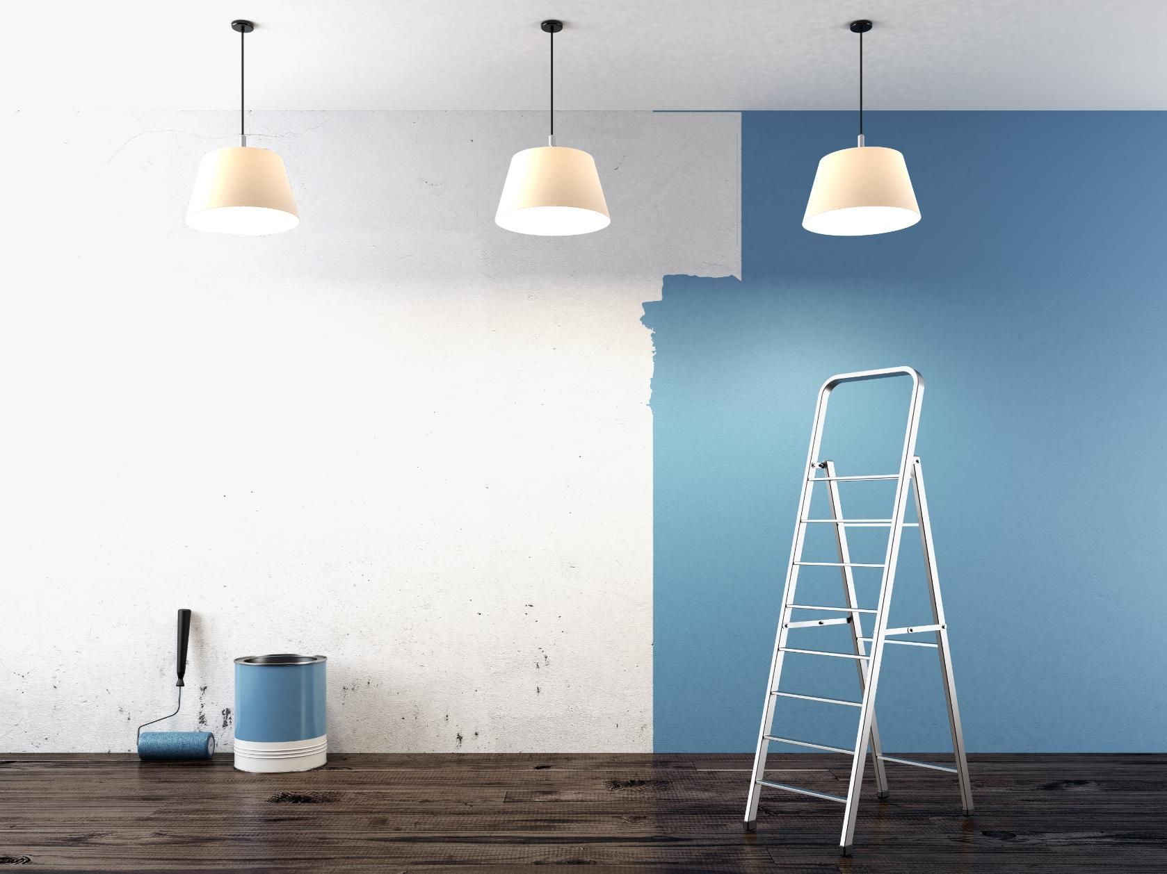A Room Is Being Painted Blue And White With A Ladder — Strait Edge Painting In Gold Coast, NSW