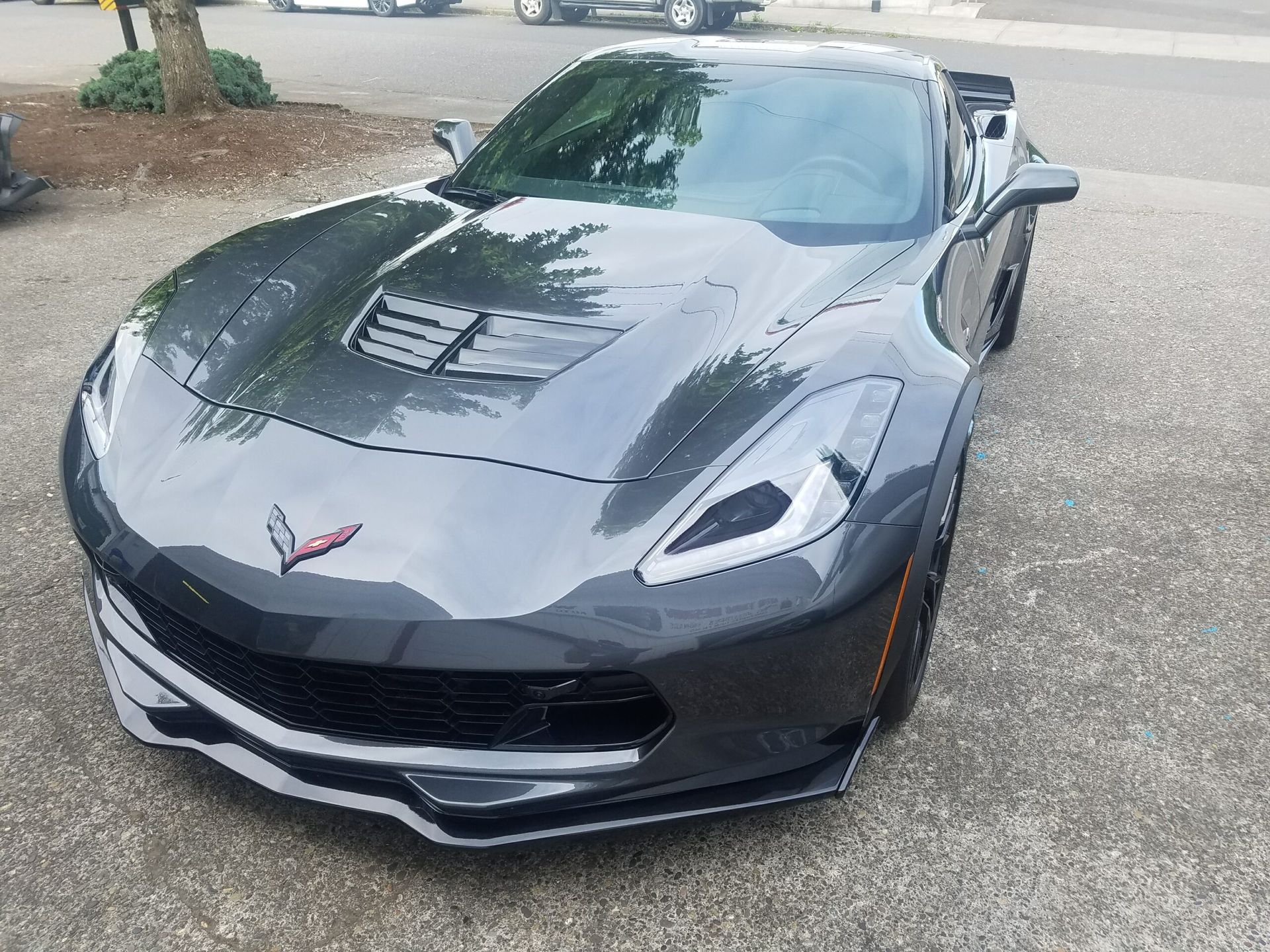 Gray Chevrolet Corvette parked on a driveway, front view with hood vents and red emblem.