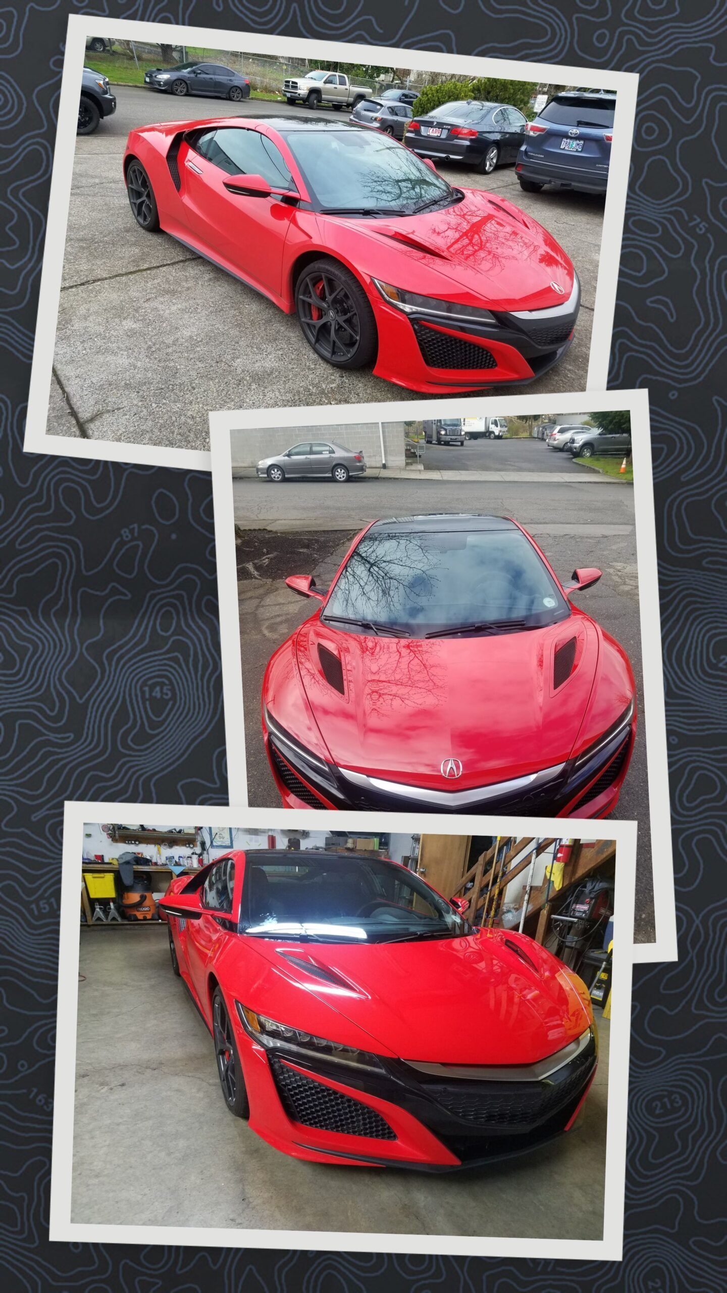 Collage of three photos showing a red sports car from different angles on a street