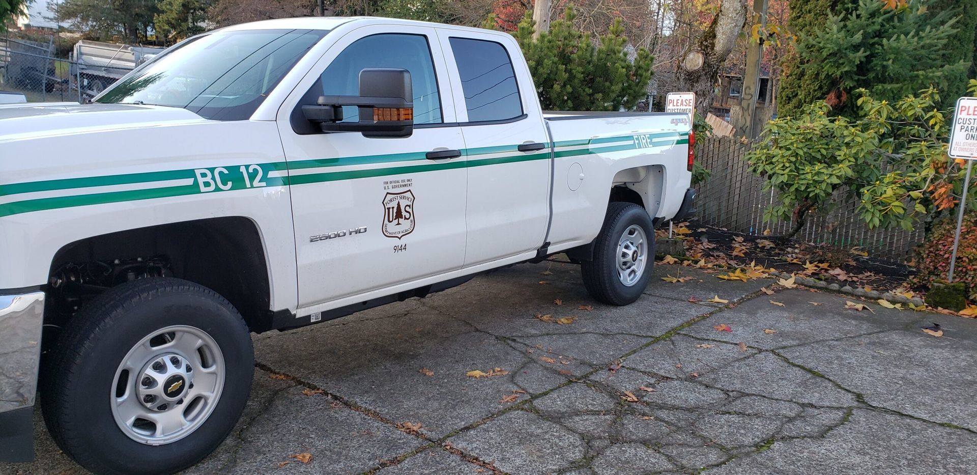White pickup truck with green stripe parked on a stone driveway beside autumn bushes