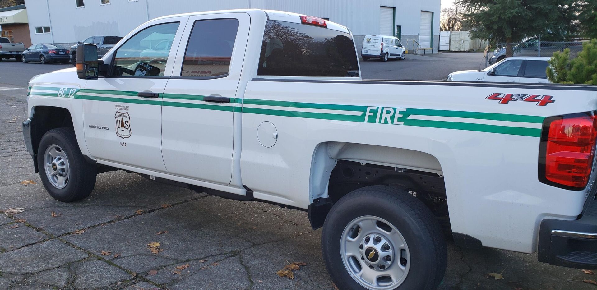 White pickup truck with green stripes parked on a street near a building