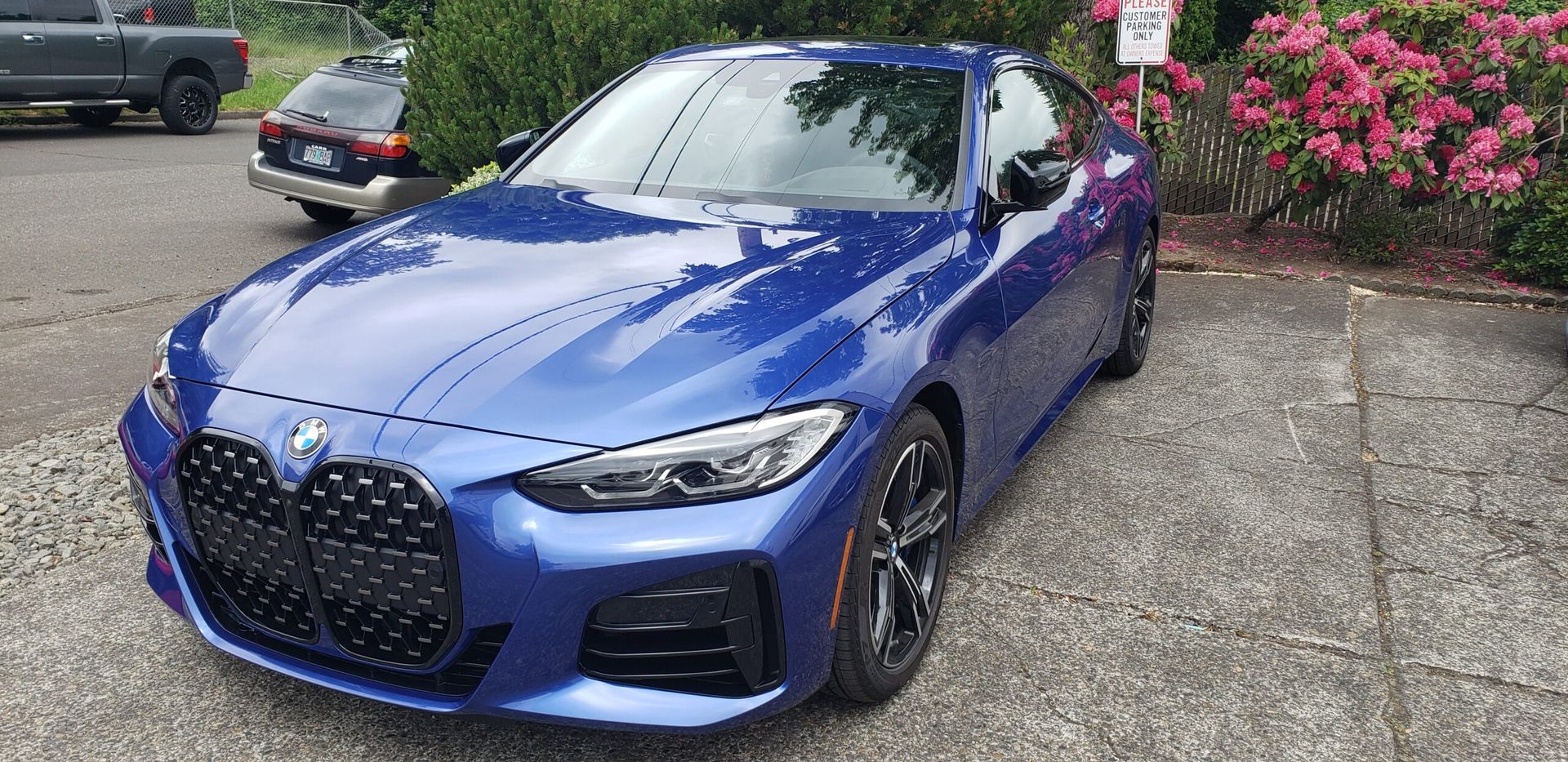 Blue BMW sedan parked in a driveway beside pink flowering bushes
