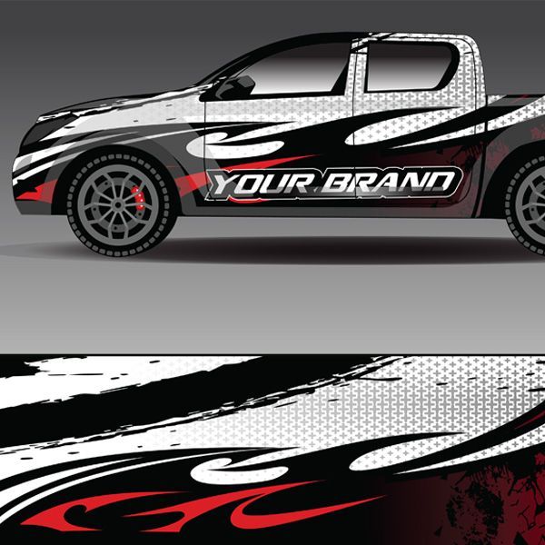 Black-and-white racing pickup with red accents and “YOUR BRAND” on the side, plus matching graphic strip