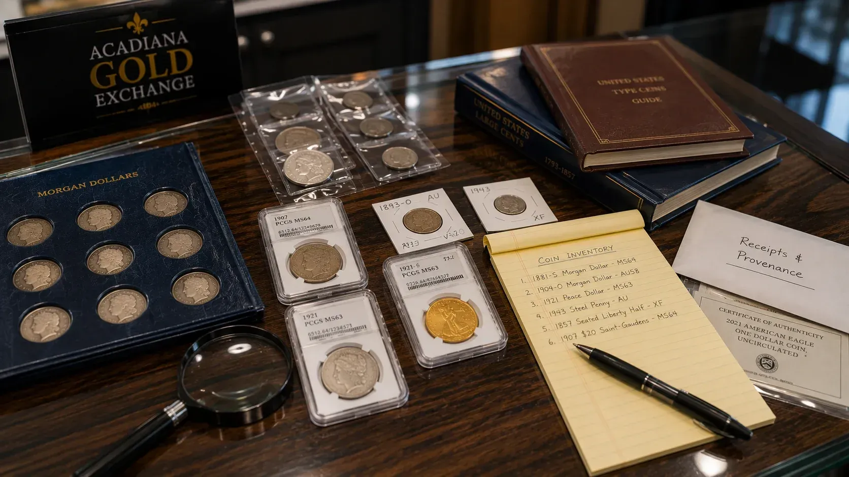 A display of coin albums, graded slabs, and an inventory list prepared for selling coins.