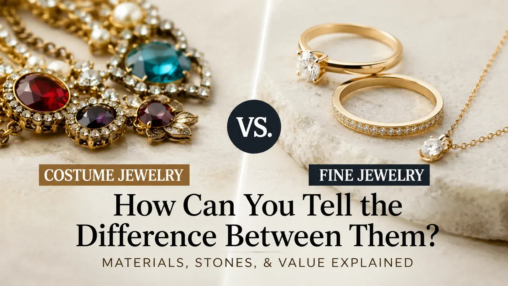 A visual comparison layout comparing costume jewelry vs fine jewelry, showcasing a large green gemstone earring alongside diamond rings to highlight the difference between costume jewelry and fine jewelry.