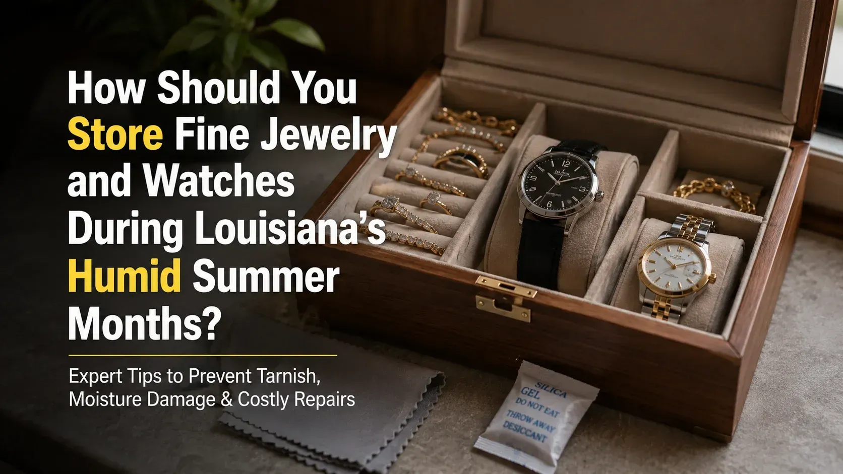 A visual comparison layout featuring diamond rings and a large green gemstone earring, highlighting how to store fine jewelry and watches.