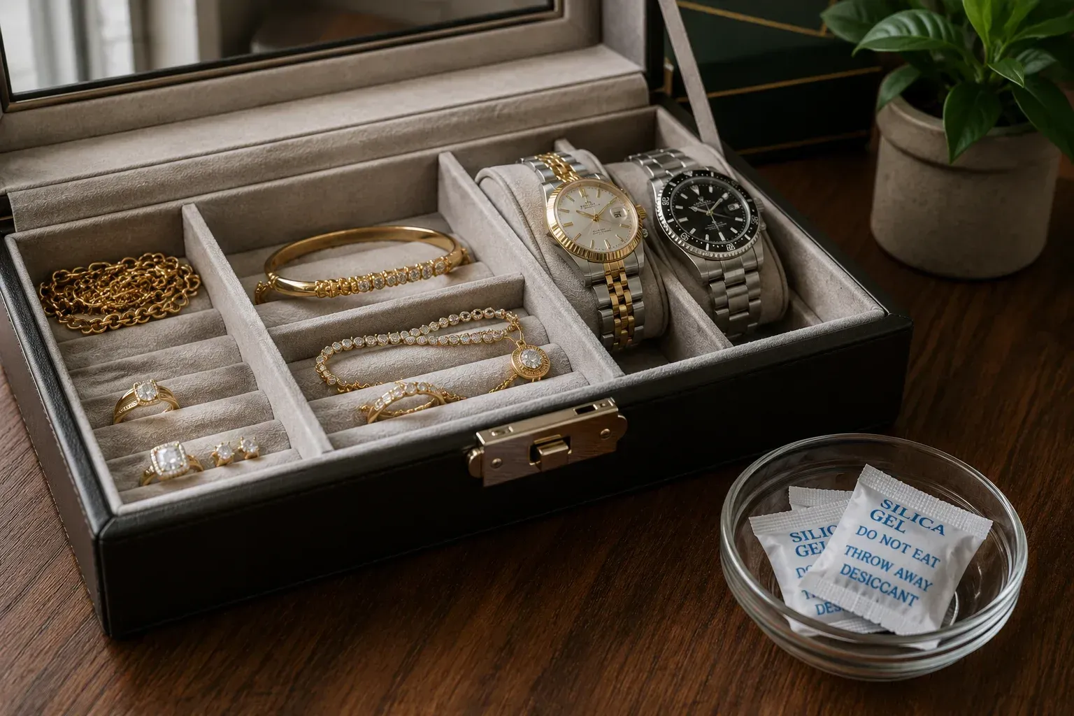 An organized tray used to store fine jewelry and watches alongside silica gel packets.