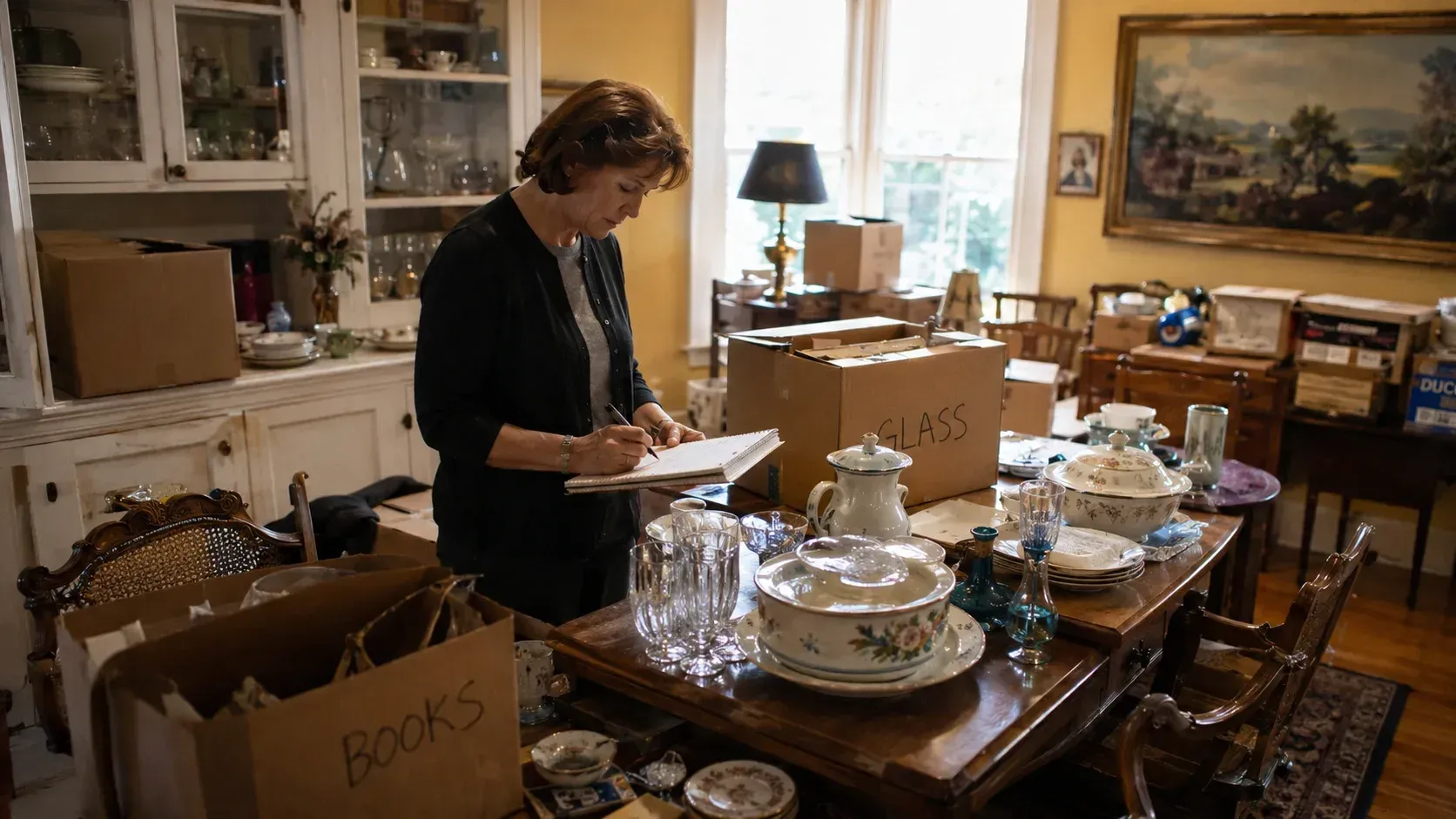 A woman sorts household items into labeled boxes while planning an estate sale in Acadia Parish.