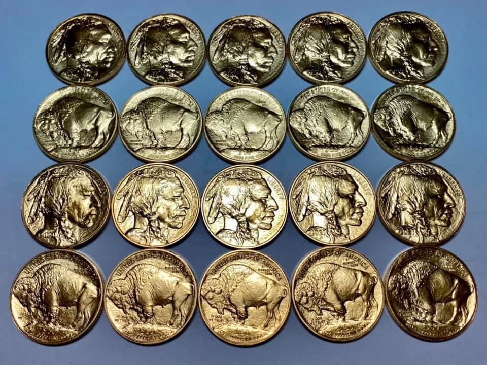 Twenty Buffalo nickels arranged in a grid, alternating between the profiles of a Native American and a bison.