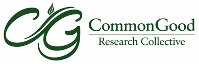 Swirly Icon of a C and G intertwined with a leaf with CommonGood Research Collective written to the side