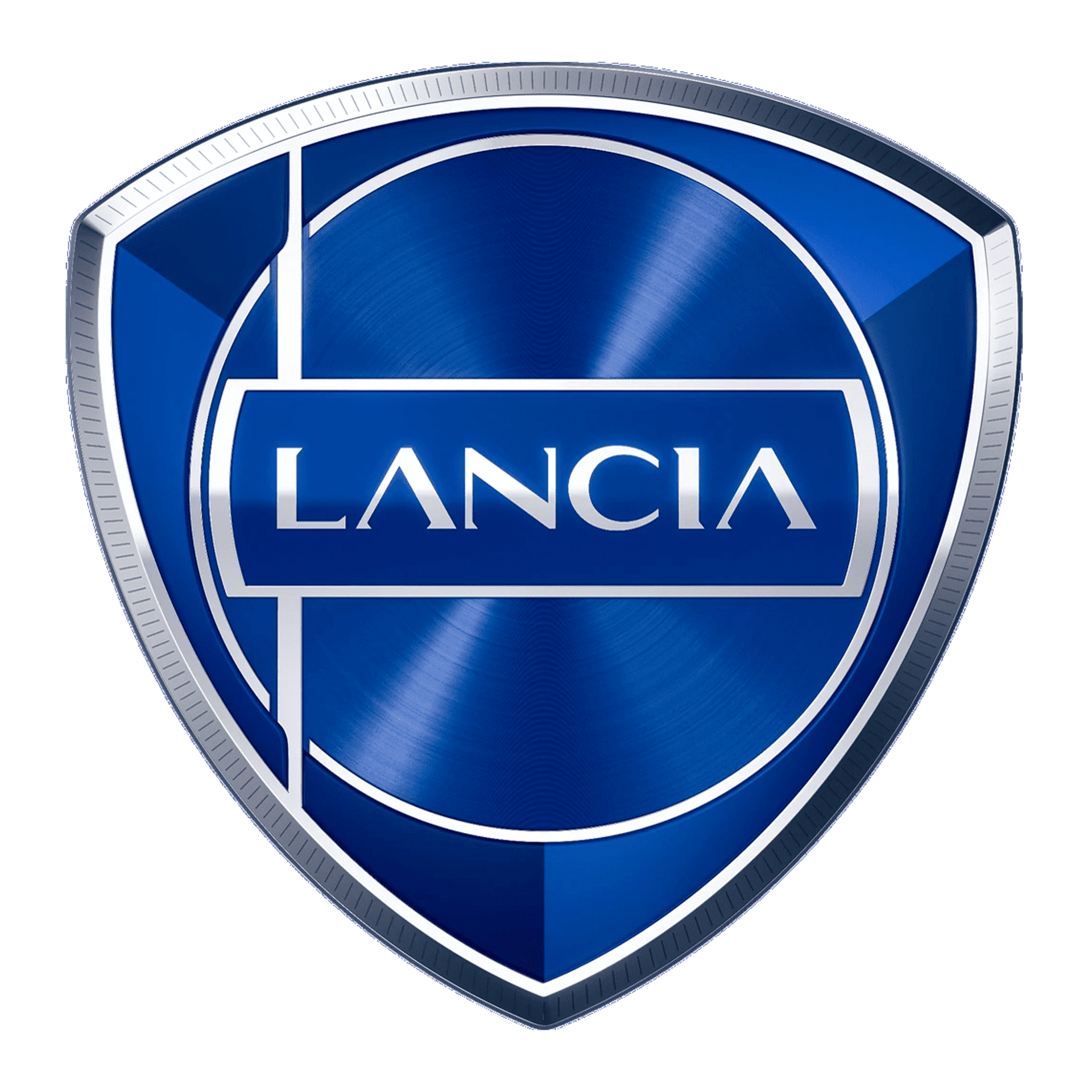 Un logo lancia blu e argento su sfondo bianco
