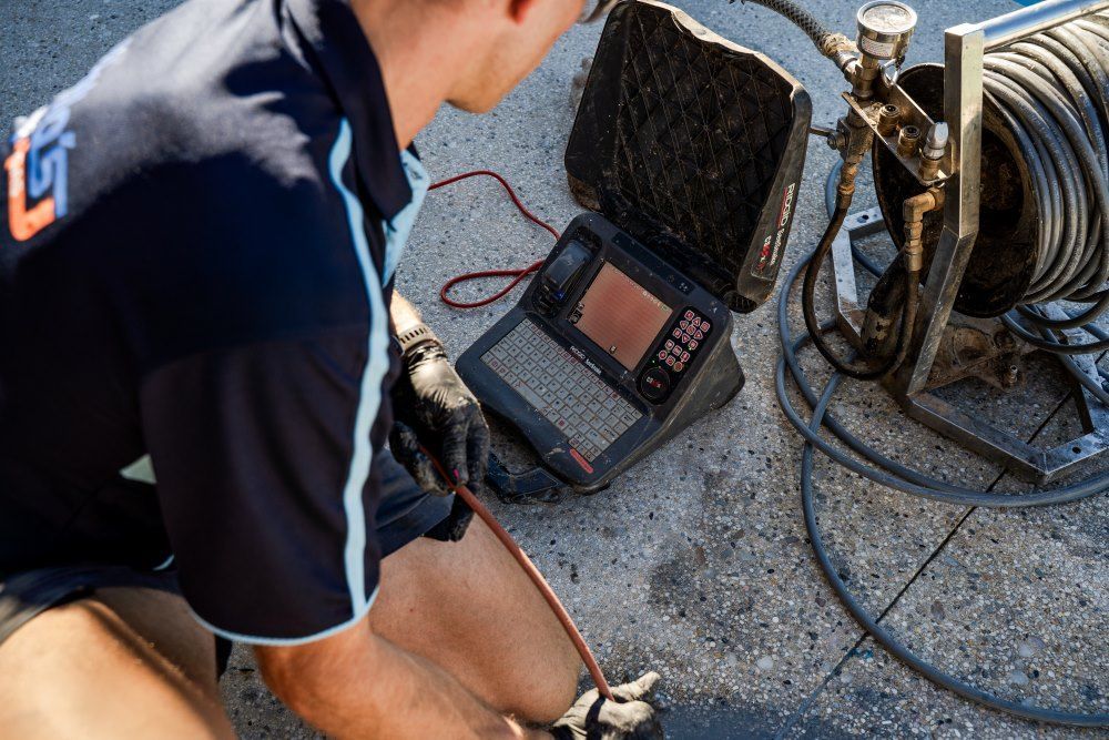 A Man Is Kneeling Down Next to A Laptop and A Camera — Wello's Plumbing & Gas in Thurgoona, NSW