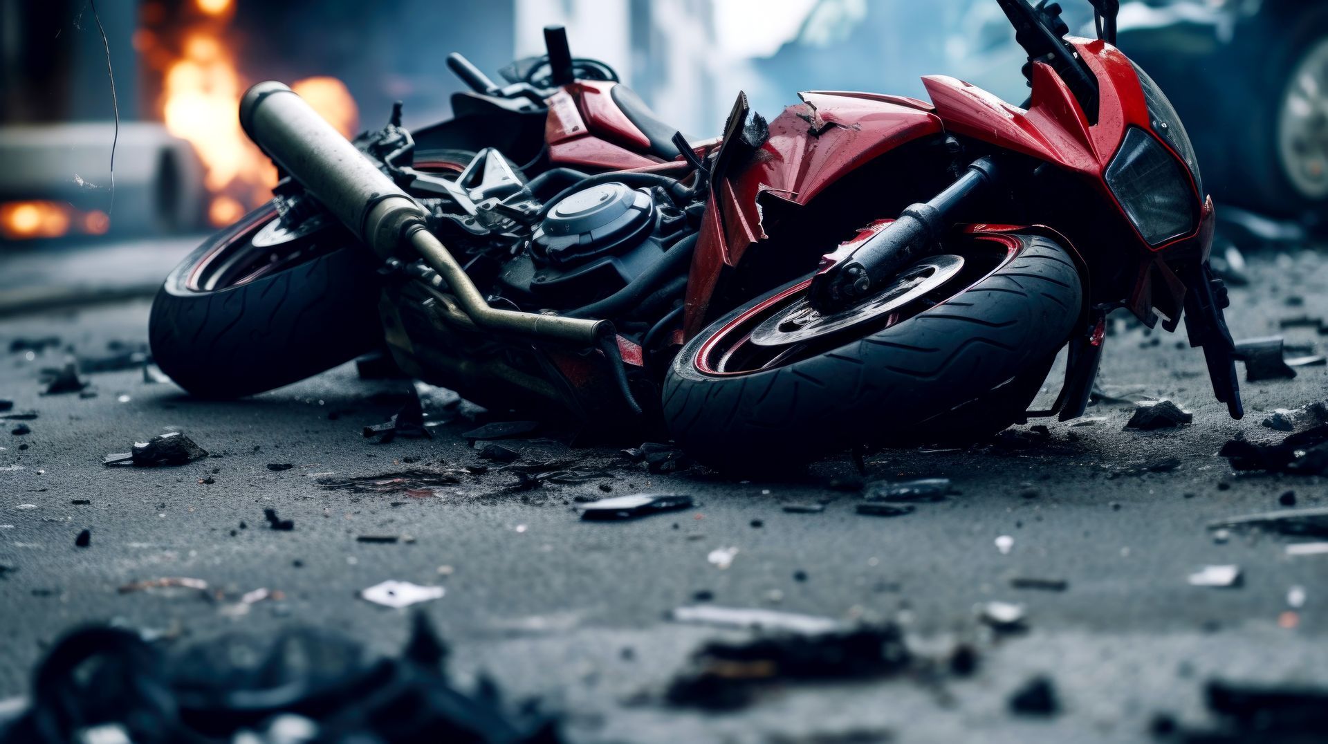 A wrecked red motorcycle lies on a city street after a crash; debris and flames are visible.