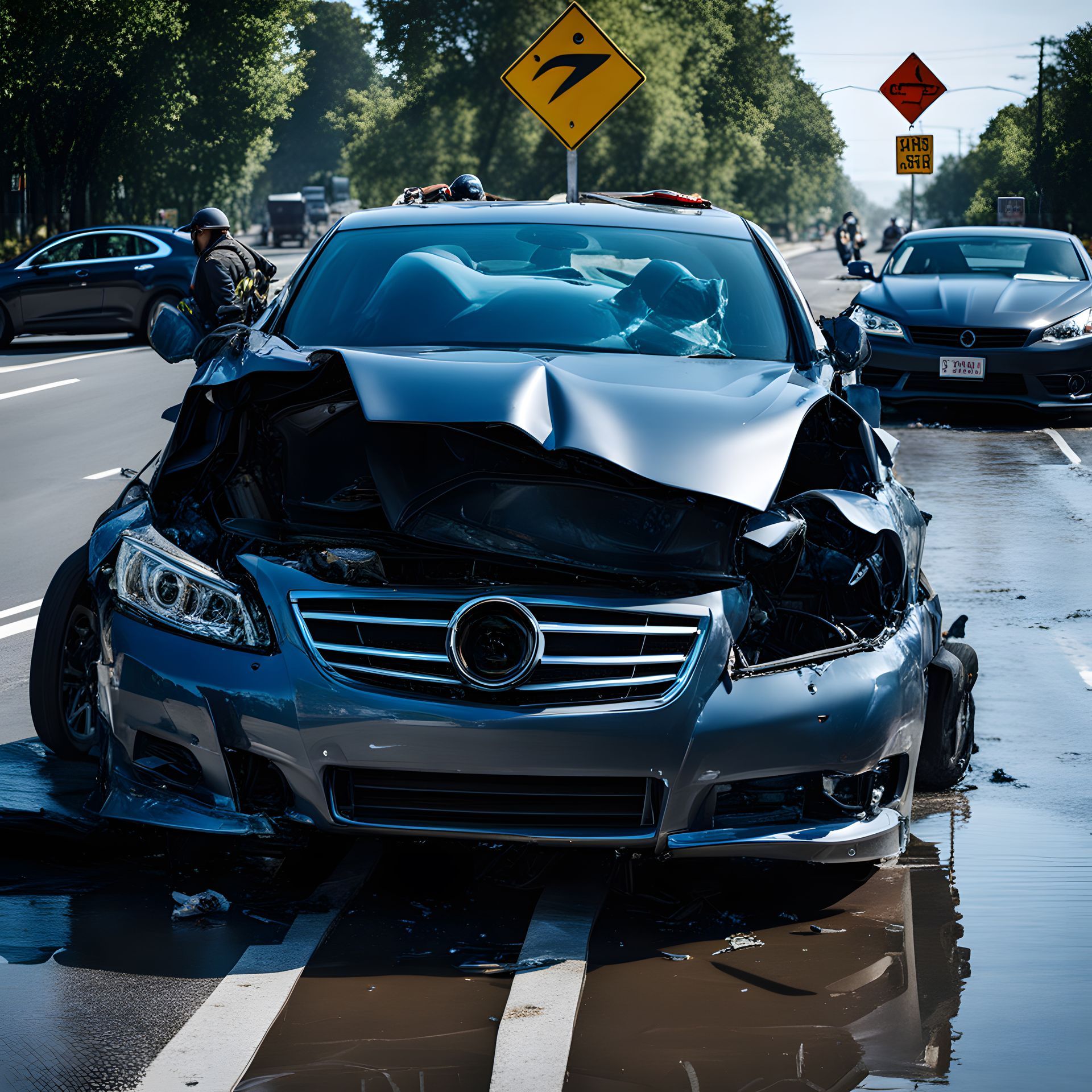 Severe car accident with major front-end damage, illustrating the aftermath of an auto collision