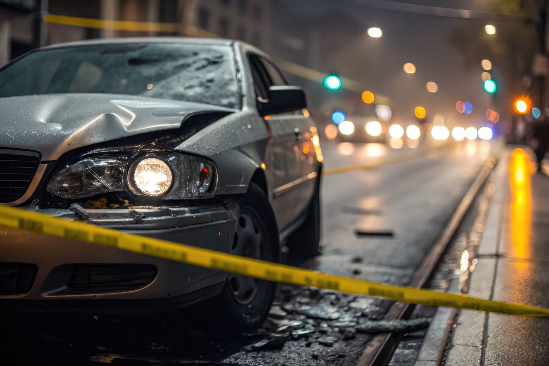 Damaged car at night behind yellow police tape on a wet city street, headlights on, with debris nearby