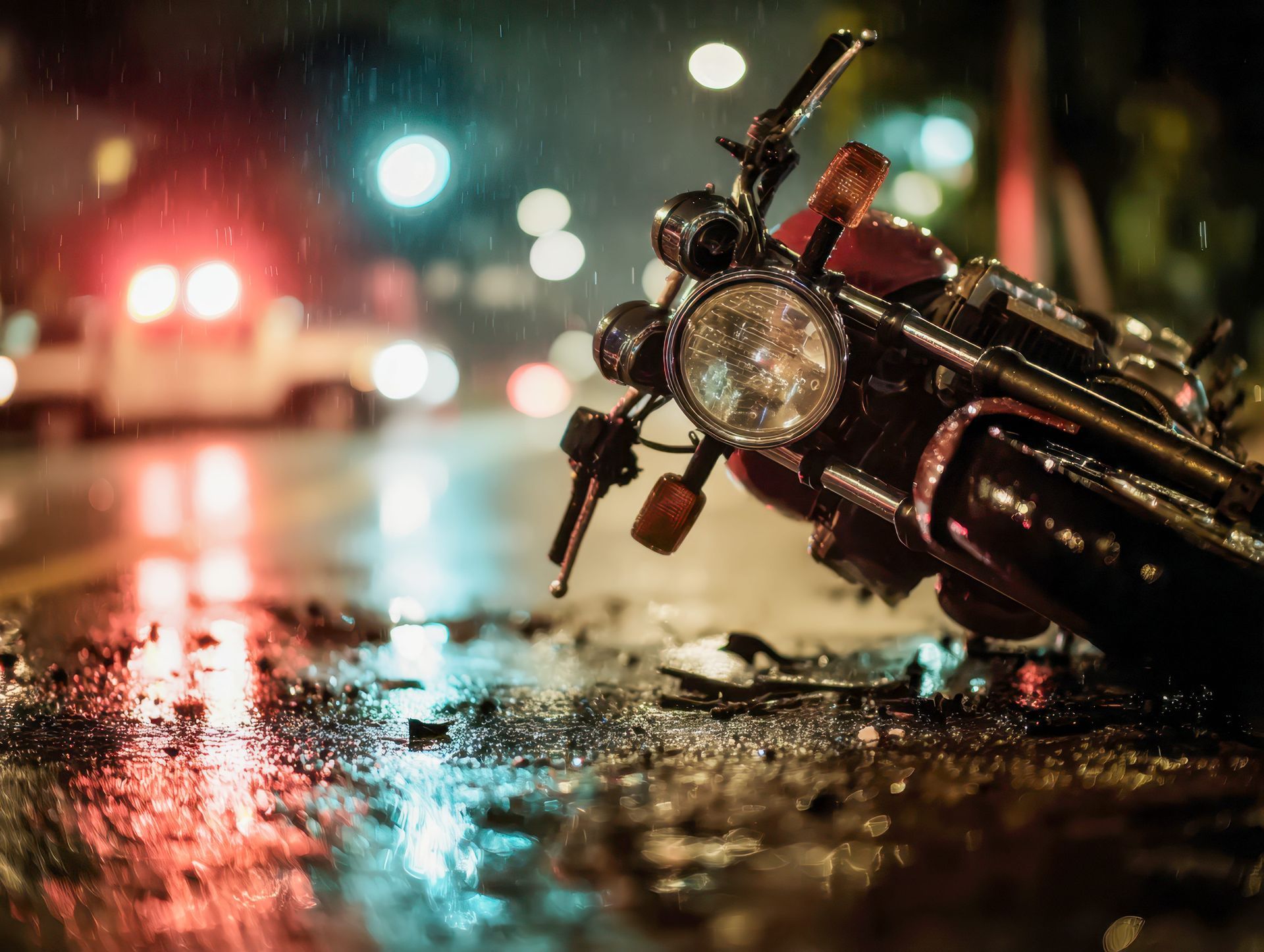 A motorcycle tipped on a wet street at night, with blurred city lights reflecting on the pavement.