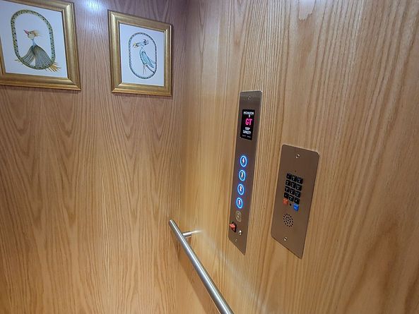 Wood-paneled elevator interior with lit floor buttons, handrail, and framed bird artwork.