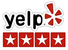 Yelp logo with red starburst and four red rating stars