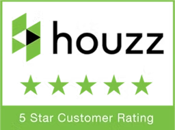Houzz logo with five green stars and “5 Star Customer Rating” text