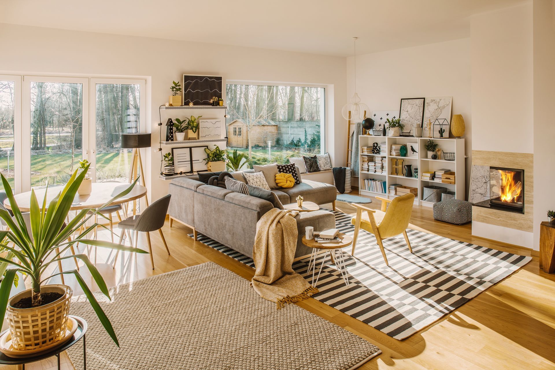 Cozy living room with gray sofa, patterned rug, plants, shelves, and a lit fireplace by the window