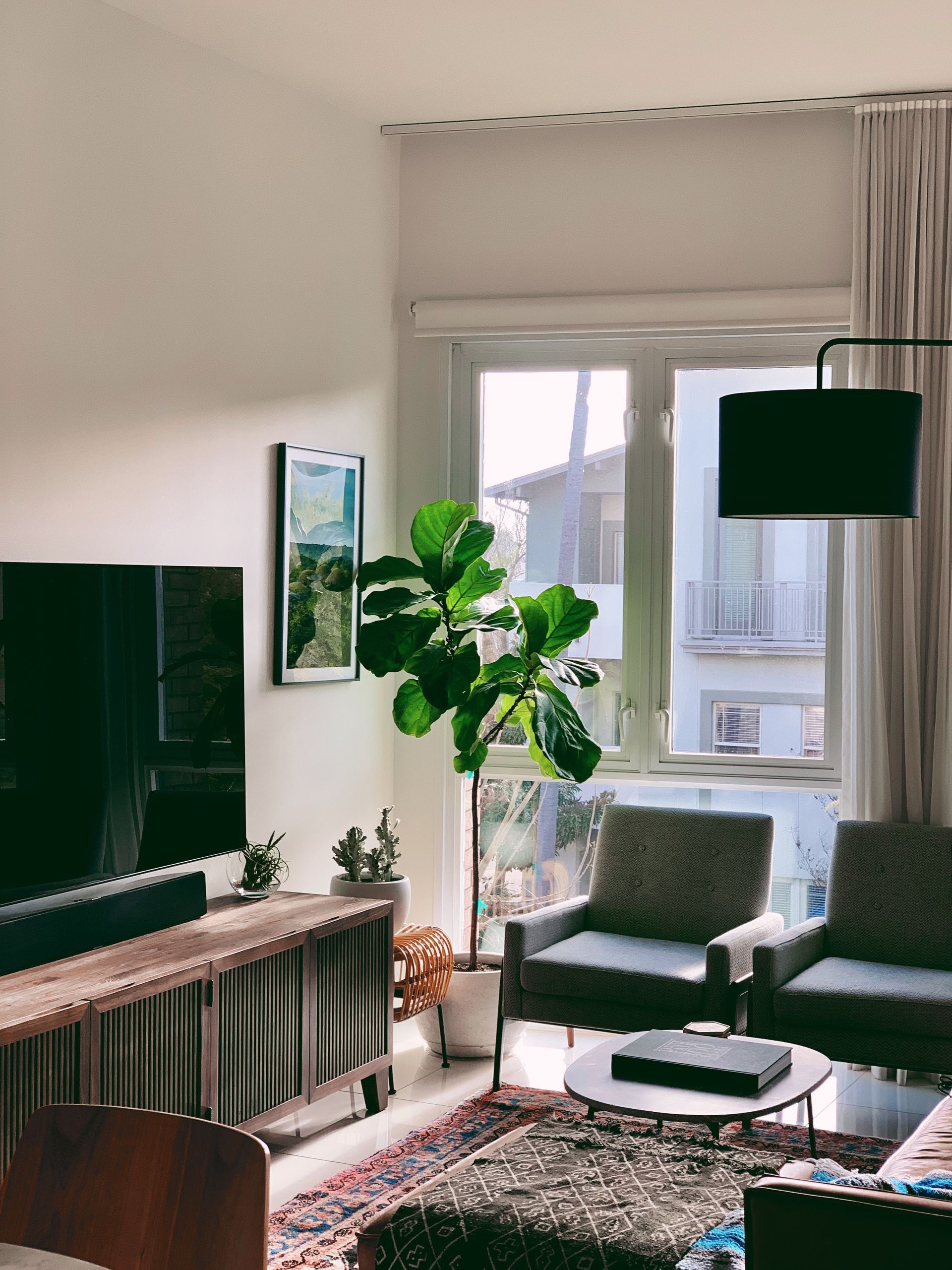 Bright living room with a large plant, gray chair, window, fireplace, and modern lamp.