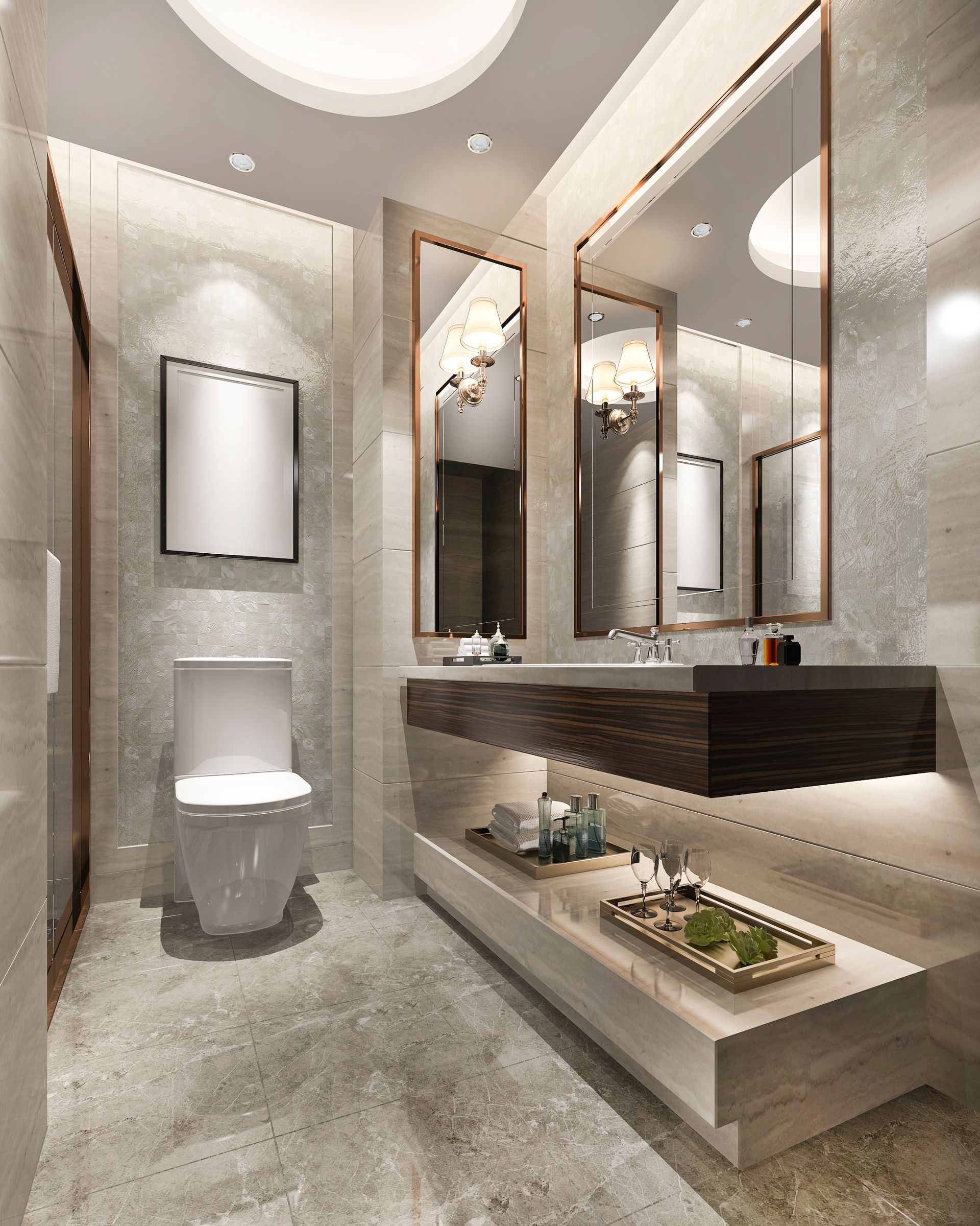 Modern gray bathroom with toilet, vanity sink, large mirror, and ceiling lights