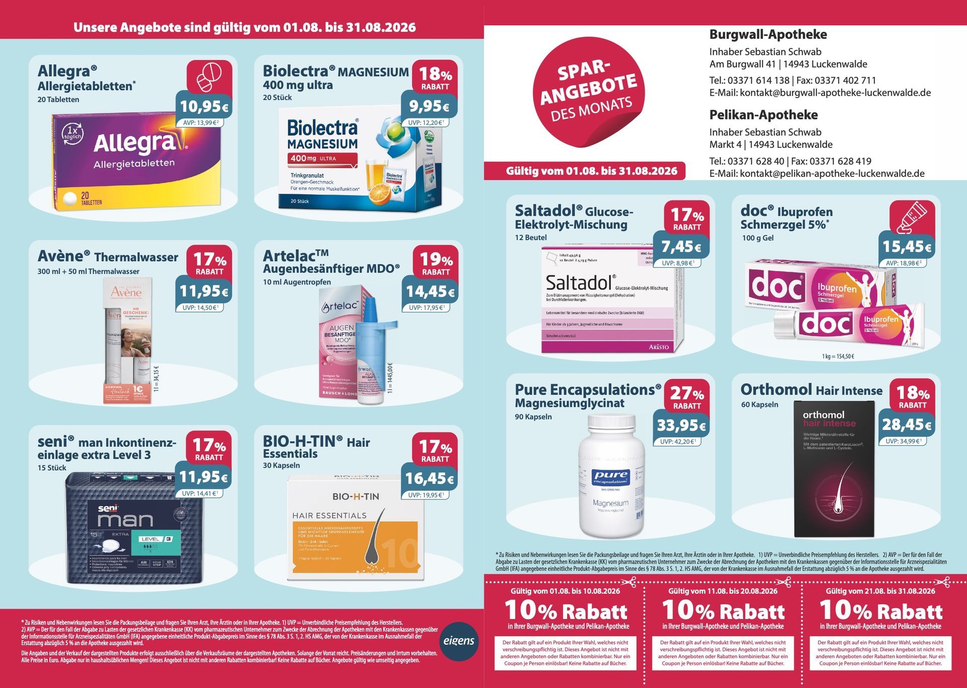 Ein Flyer für eine Apotheke zeigt verschiedene Produkte.