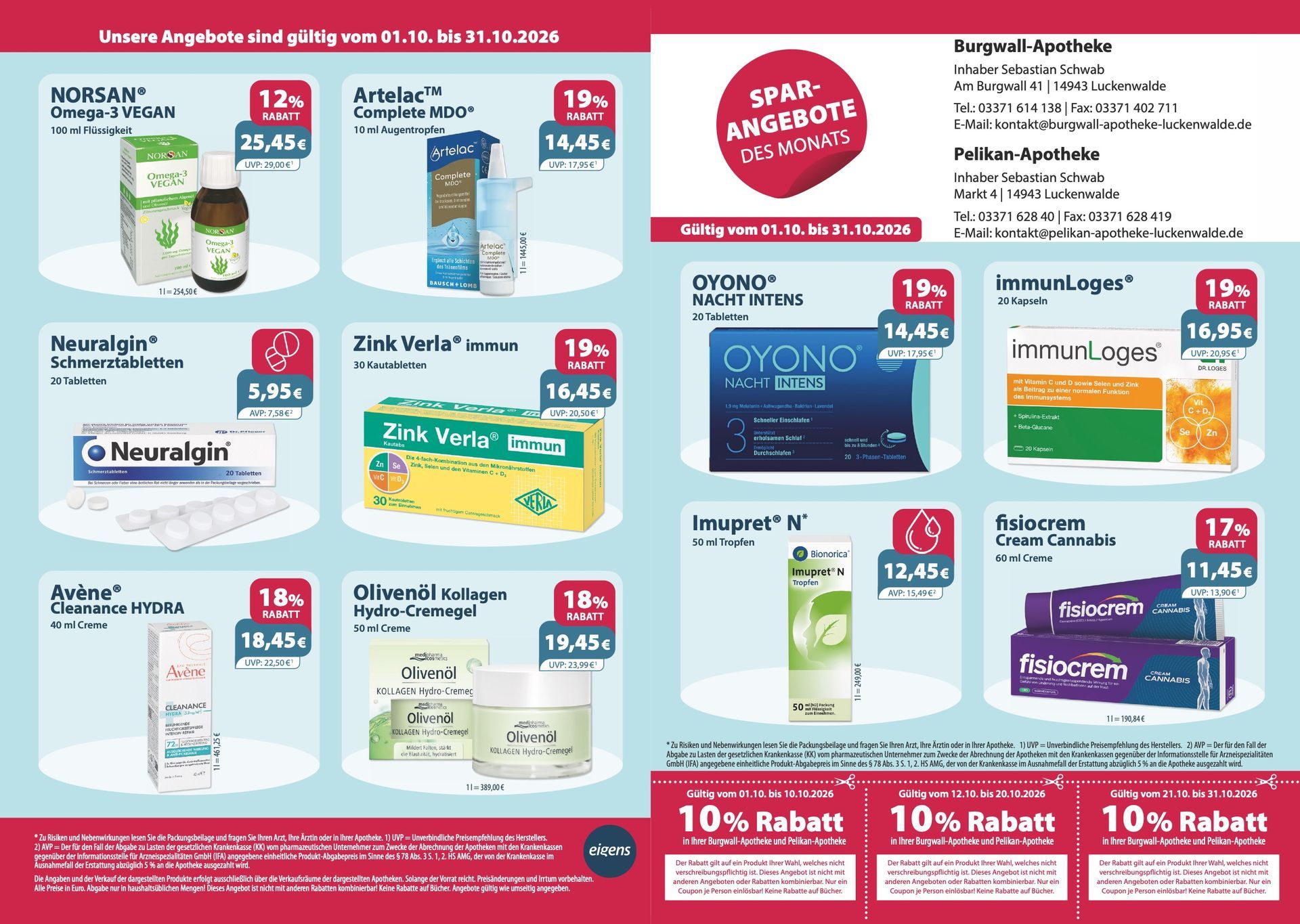Ein Flyer für eine Apotheke zeigt verschiedene Produkte.