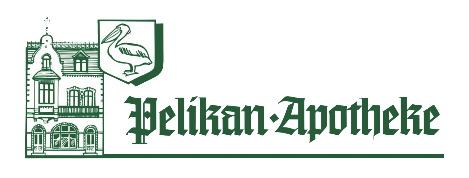 Ein grün-weißes Logo für die Pelikan-Apotheke mit einer Illustration eines Gebäudes, einem Pelikan-Symbol und elegantem Text.
