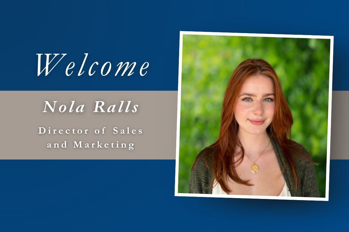 Welcome slide for Nola Ralls, director of sales and marketing, with her portrait on a blue background