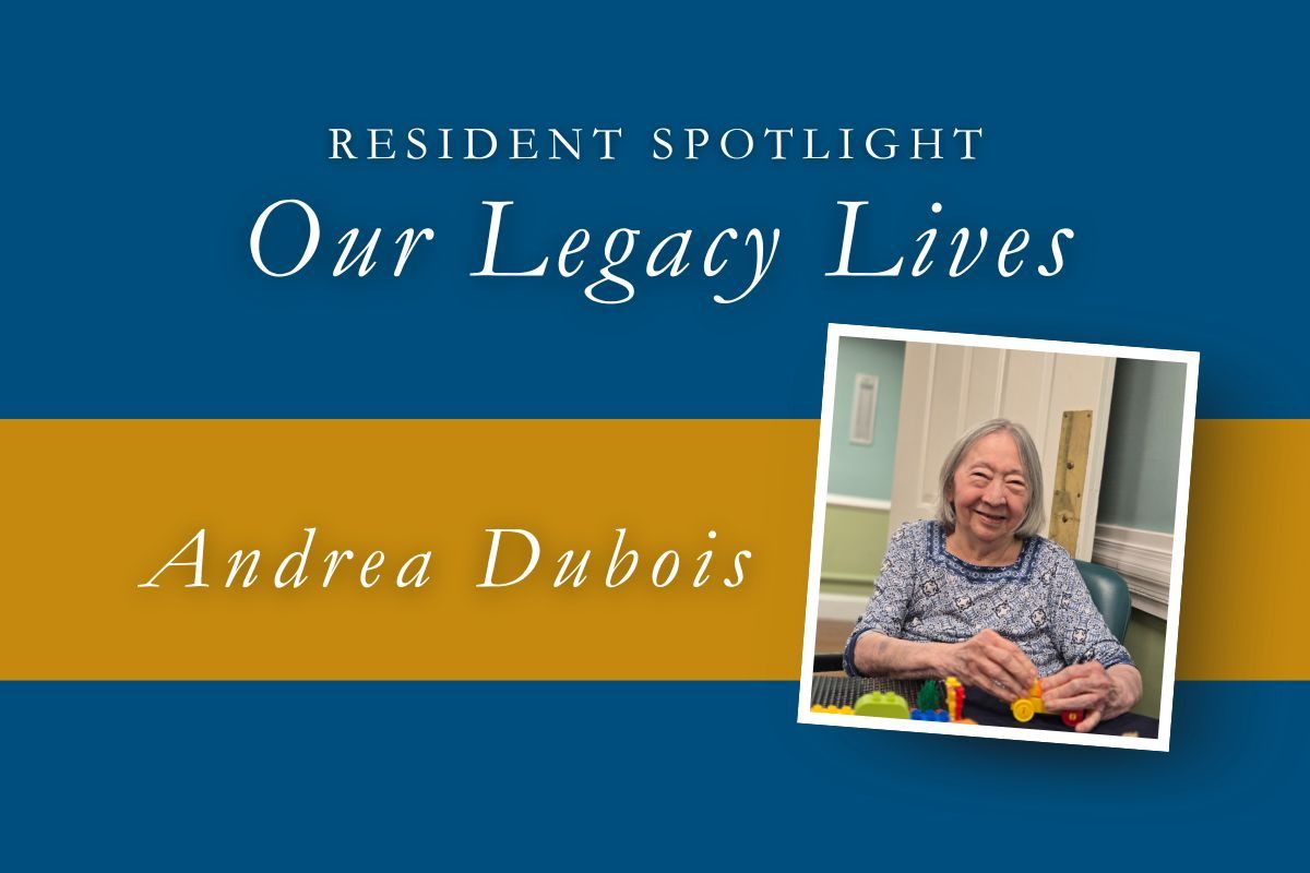 Resident Spotlight featuring Andrea Dubois. Woman smiles while playing with toys. Text on a blue and gold background.