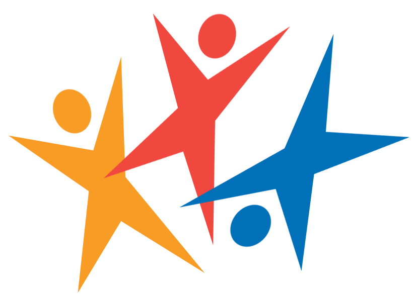 A red orange and blue star with a person in the middle