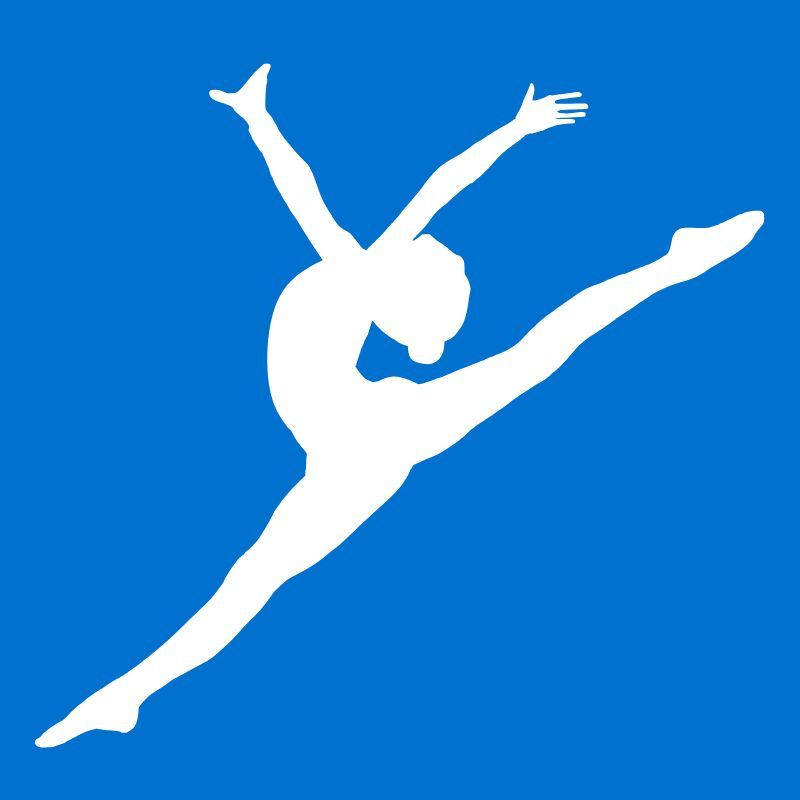 A white silhouette of a gymnast on a blue background