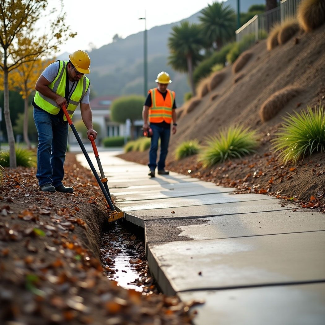 Workers clearing storm drains and inspecting cracked walkways in a Southern California HOA community with erosion control on hillside slopes.