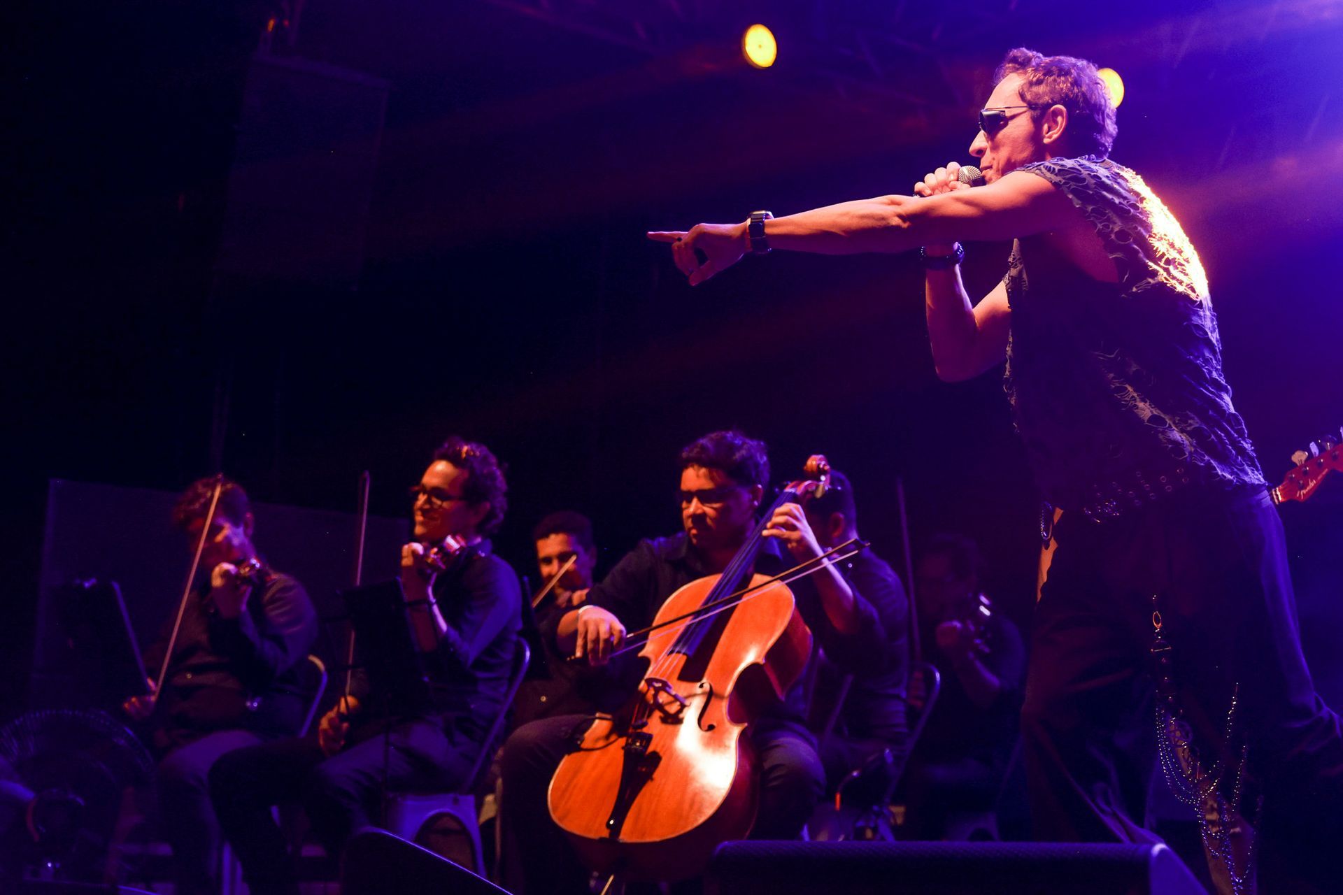 Artista cantando no palco, com o braço estendido. Luzes de palco roxas e amarelas iluminam a cena.