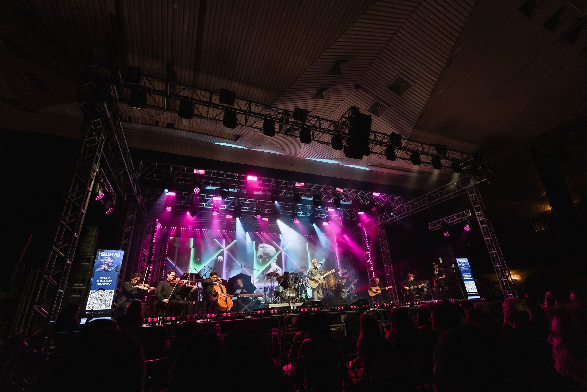 Palco de show ao vivo com luzes rosa e azul, banda tocando e uma multidão em silhueta.