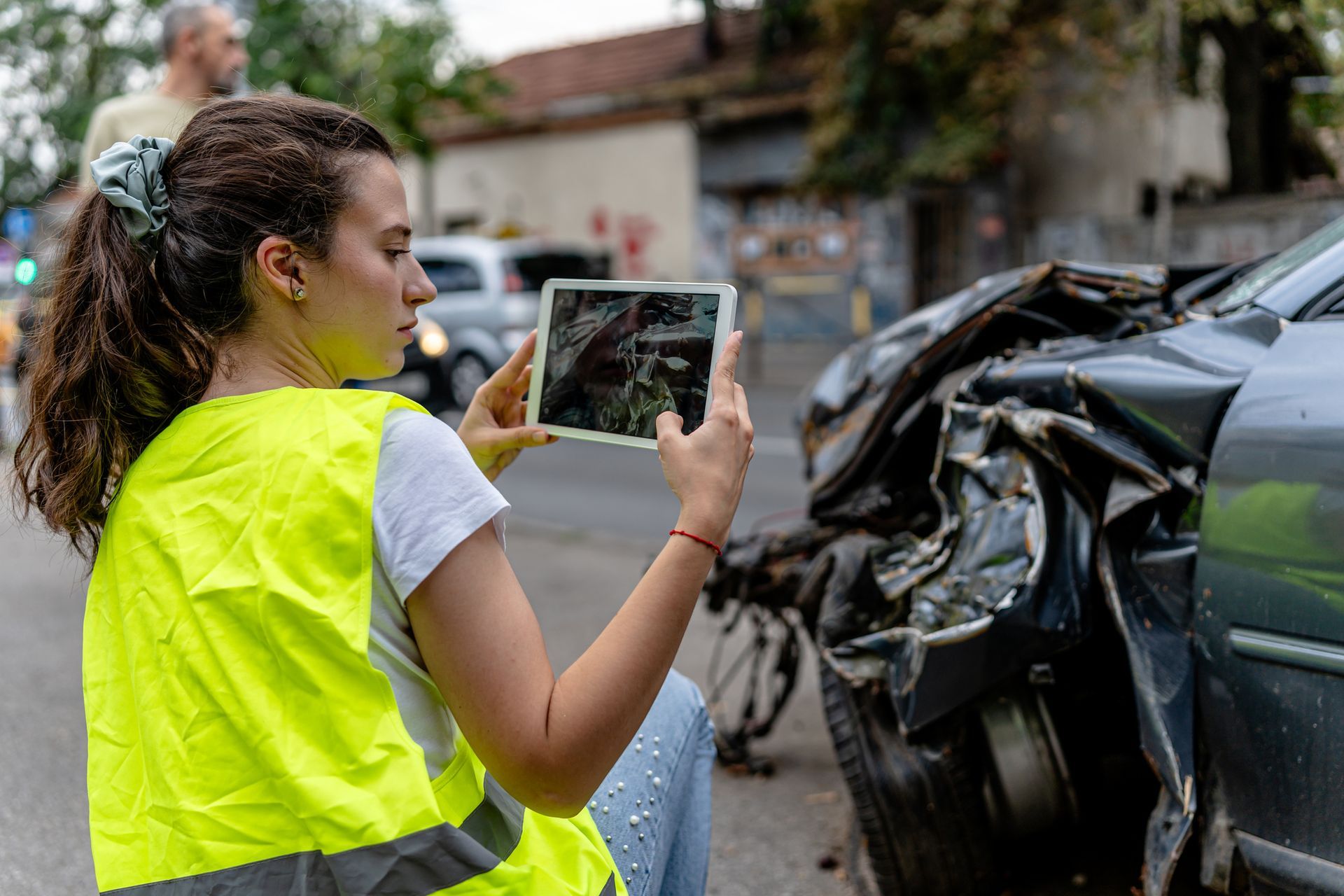 Young woman photographs the damaged areas of her car | Lassen Marine & Webster Inc | Elkton MD