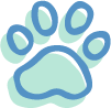 A blue paw print on a green background.