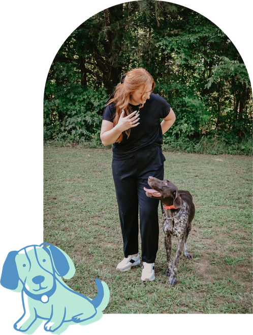 A woman is standing next to a dog in a field.