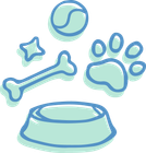 A bowl of dog food , a dog bone , a tennis ball , and a paw print.
