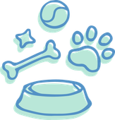 A bowl of dog food , a dog bone , a tennis ball , and a paw print.