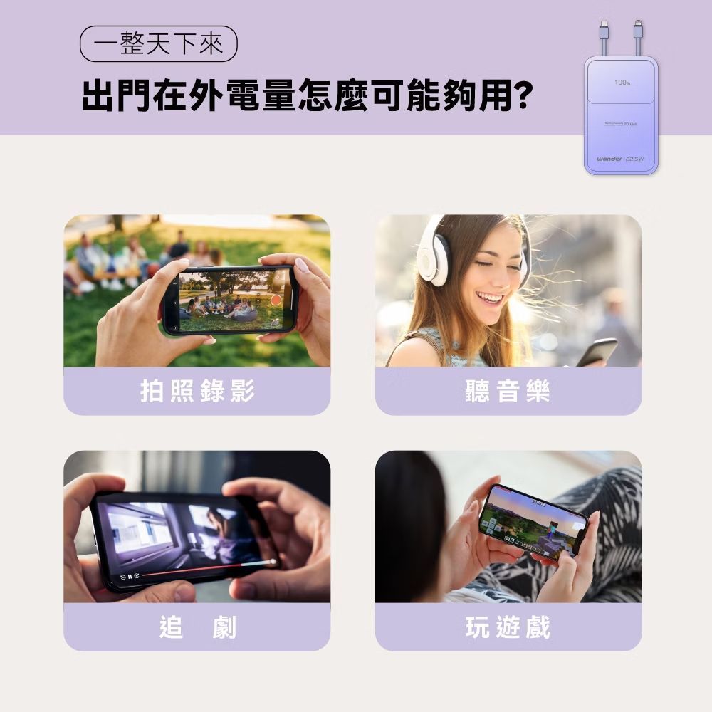 WONDER 可拆線式快充行動電源(20000mAh)紫 WA-P17B