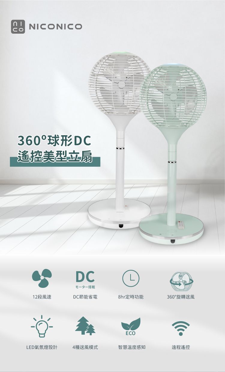 NICONICO 360度球形DC遙控美型立扇/電風扇 (NI-S2011) 薄荷綠