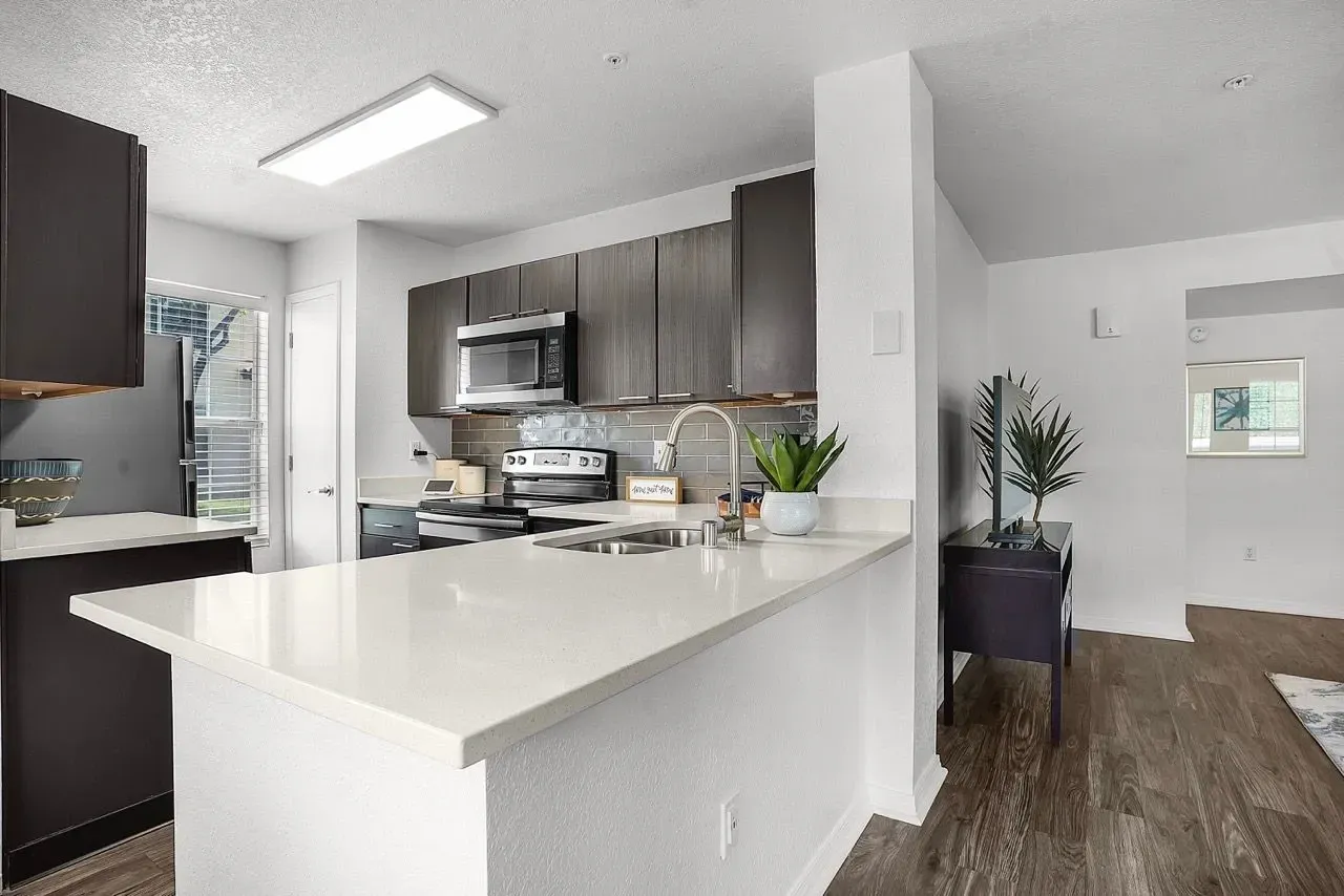 Modern kitchen with dark cabinets, white quartz countertops, and stainless steel appliances.